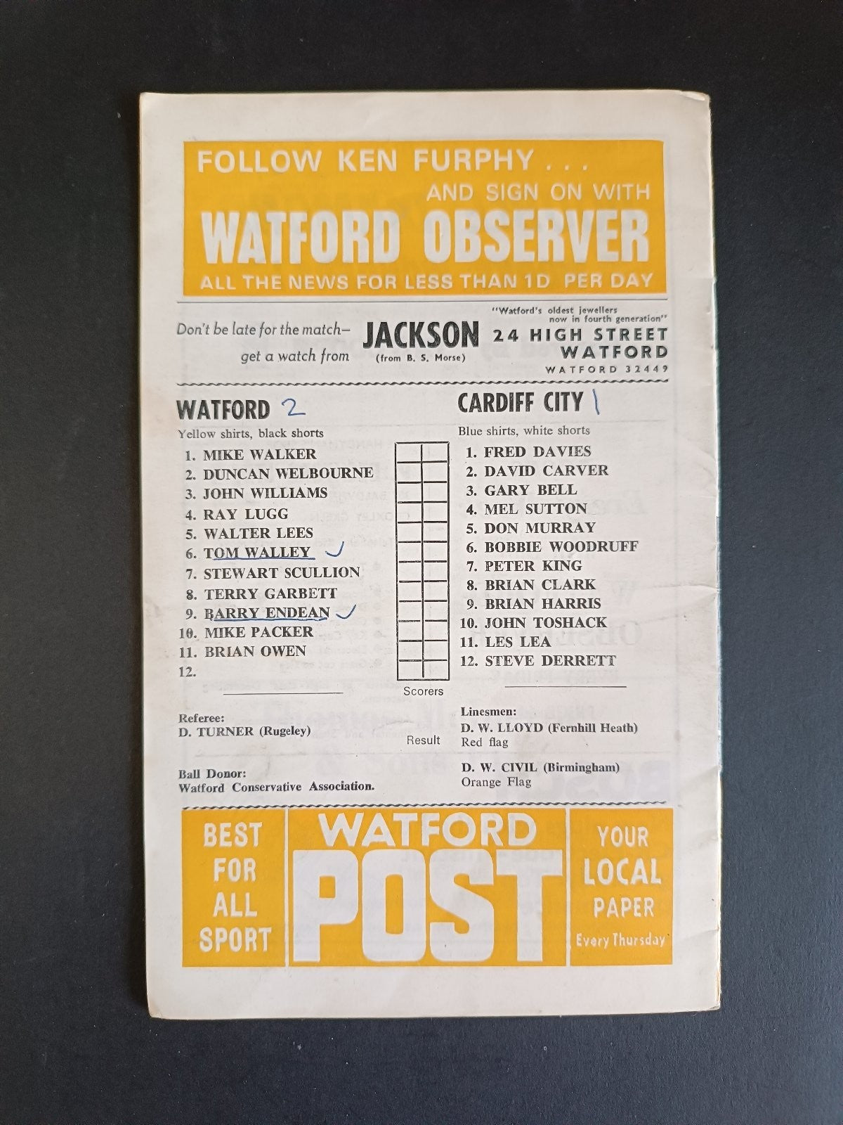 programma calcio Watford Football Club 1970 Cardiff City