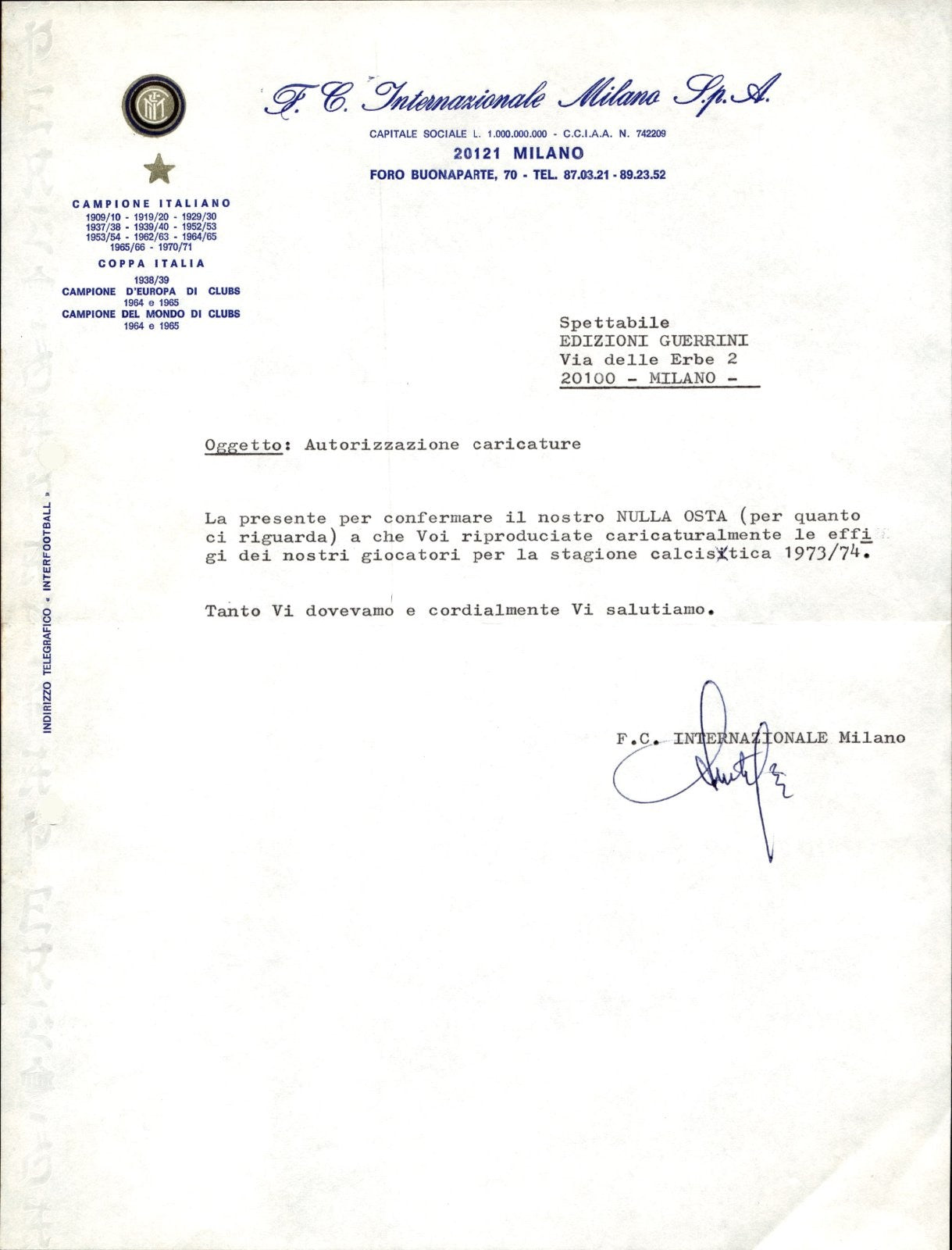 carta intestata societ� sportiva Internazionale Milano Spa