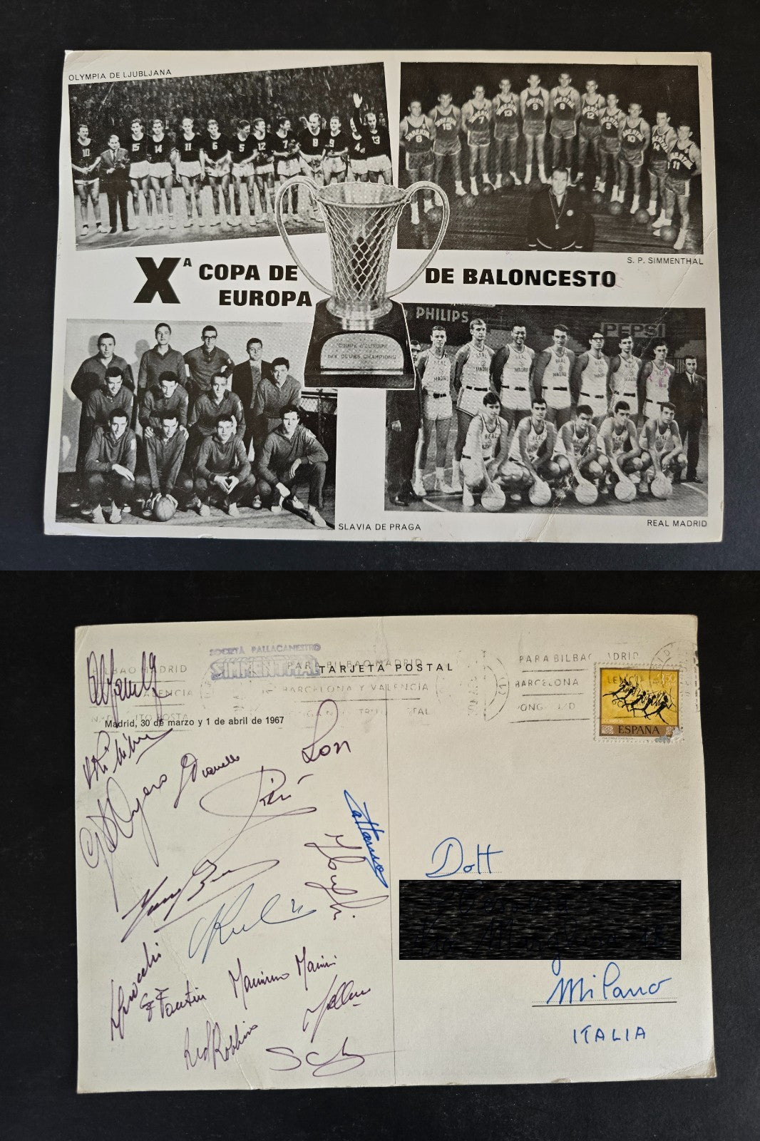 SIMMENTHAL Olimpia Milano Basket cartolina viaggiata autografata Coppa Campioni