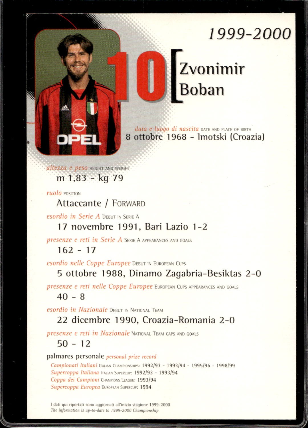 cartolina postcard Calcio Milan con Autografo 1999/2000 - Boban