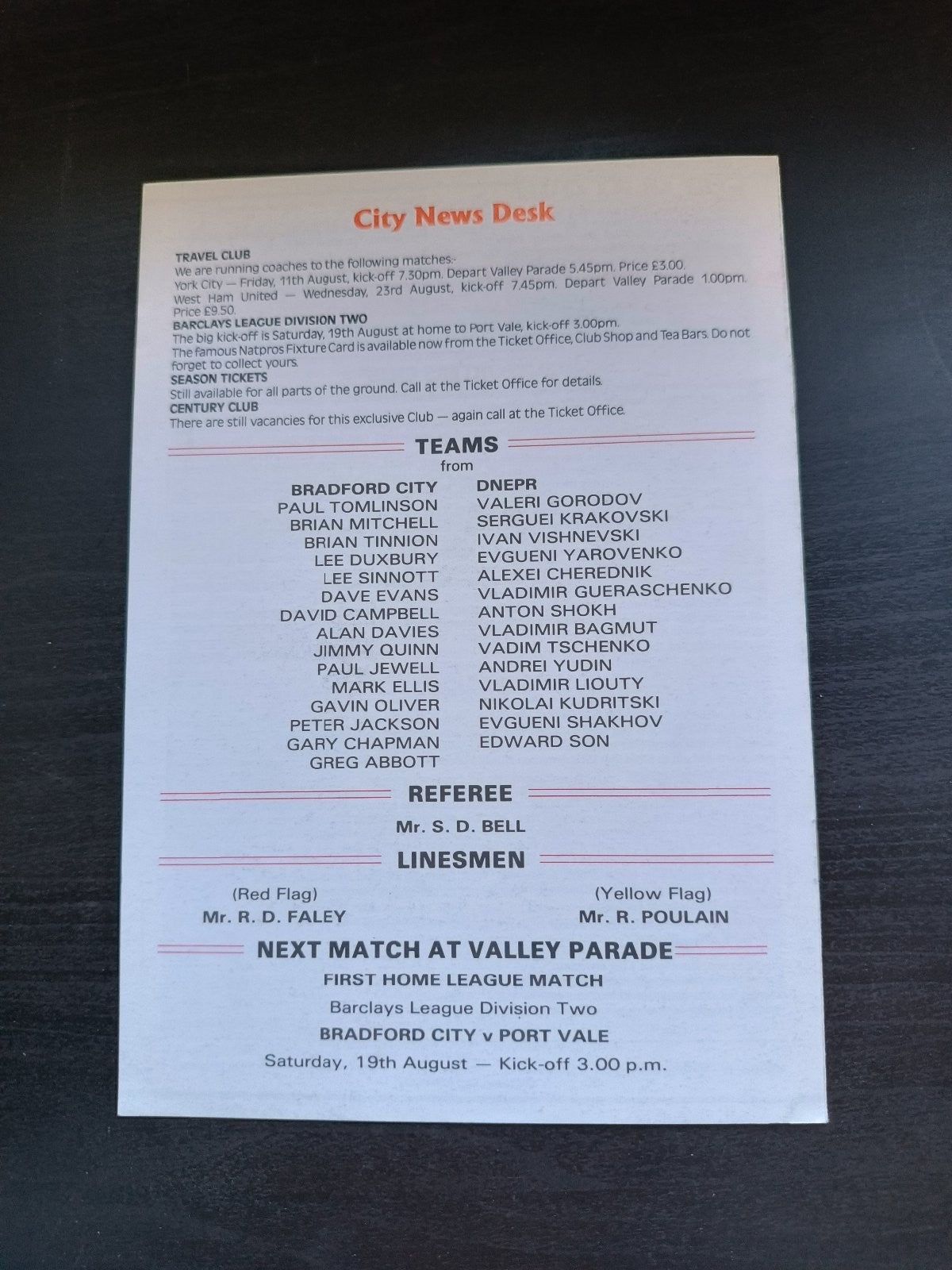 programma calcio Bradford City V Dnepr 13th 1989