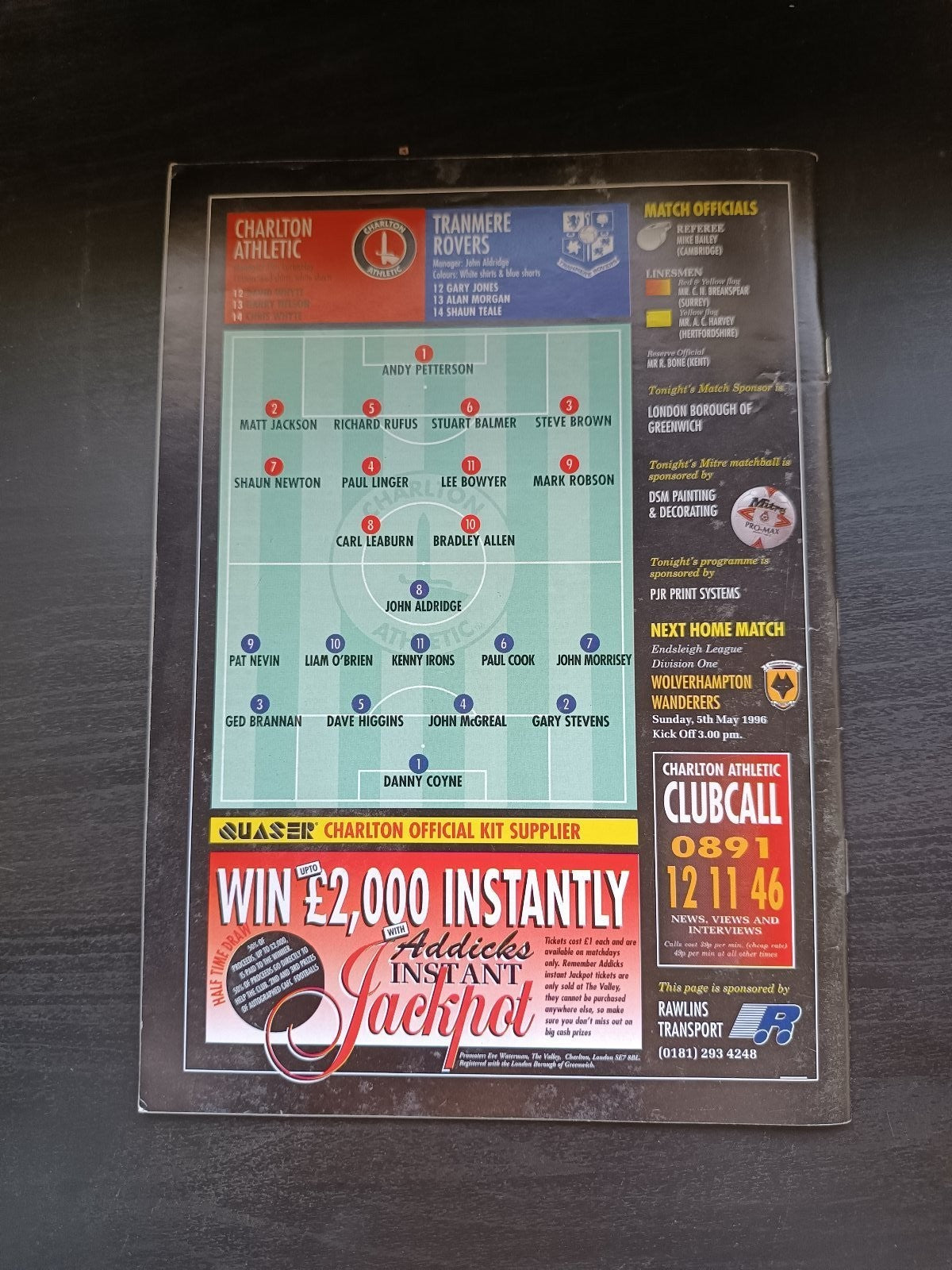 programma calcio Charlton Athetlic V Tranmere Rovers 30th 1996