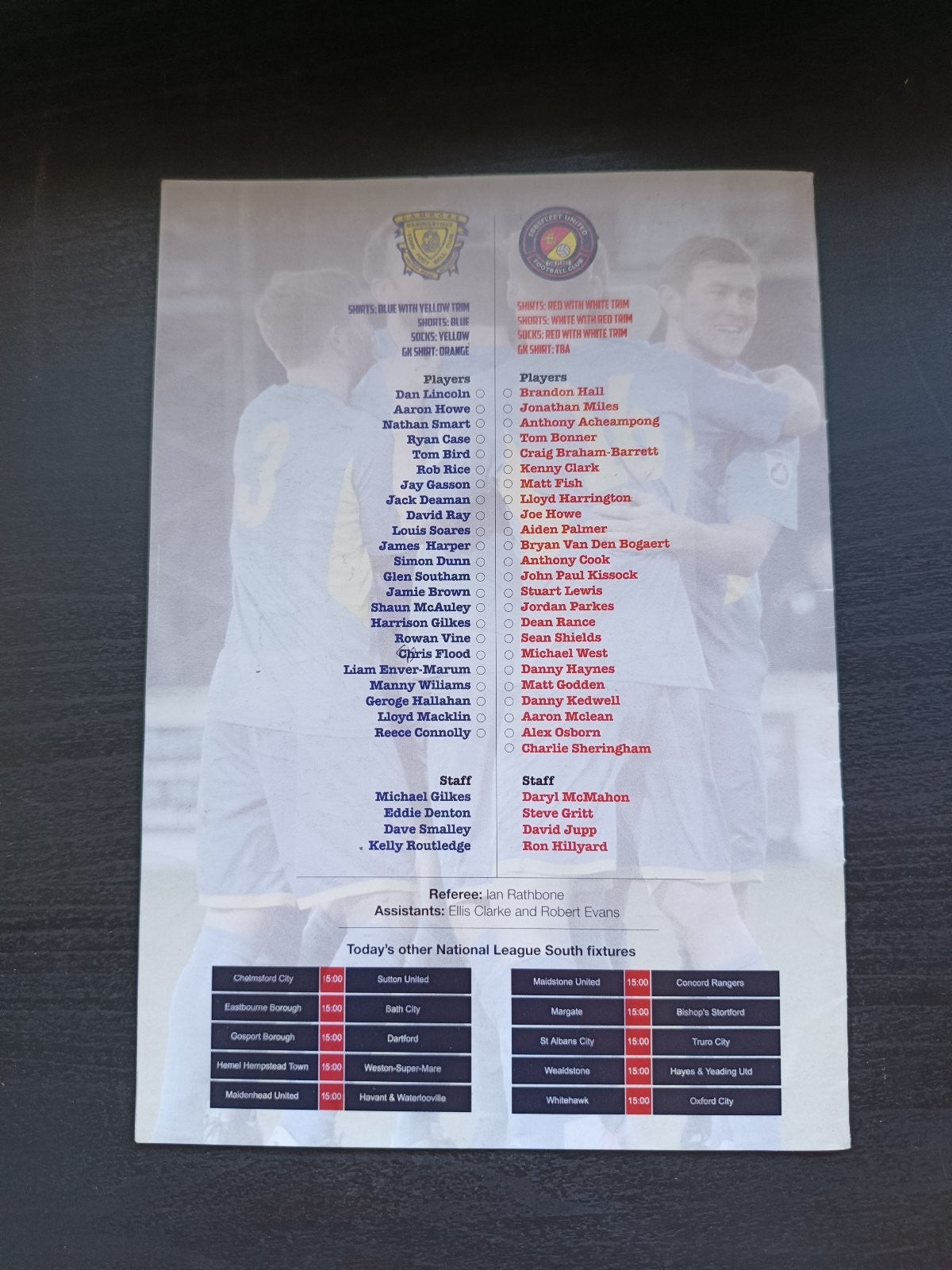 programma calcio Basingstoke Town V Ebbsfleet United 30th 2016