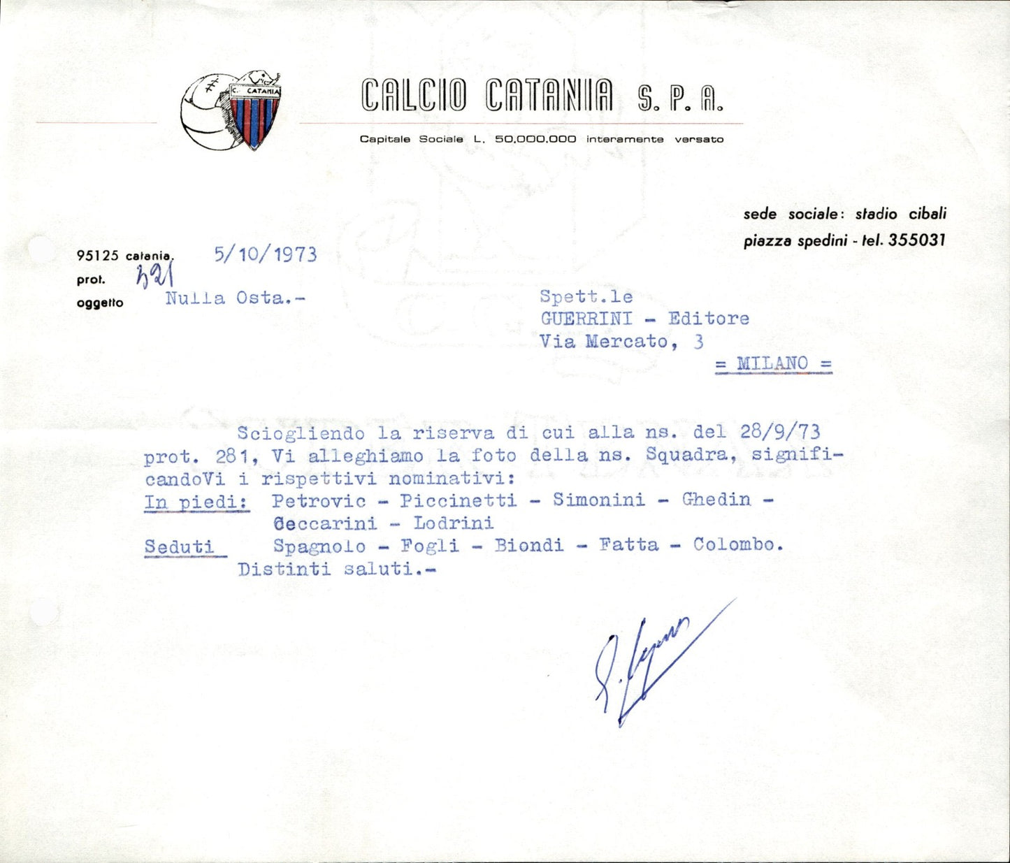 carta intestata societ� sportiva U.S. Catania Spa 1973 02