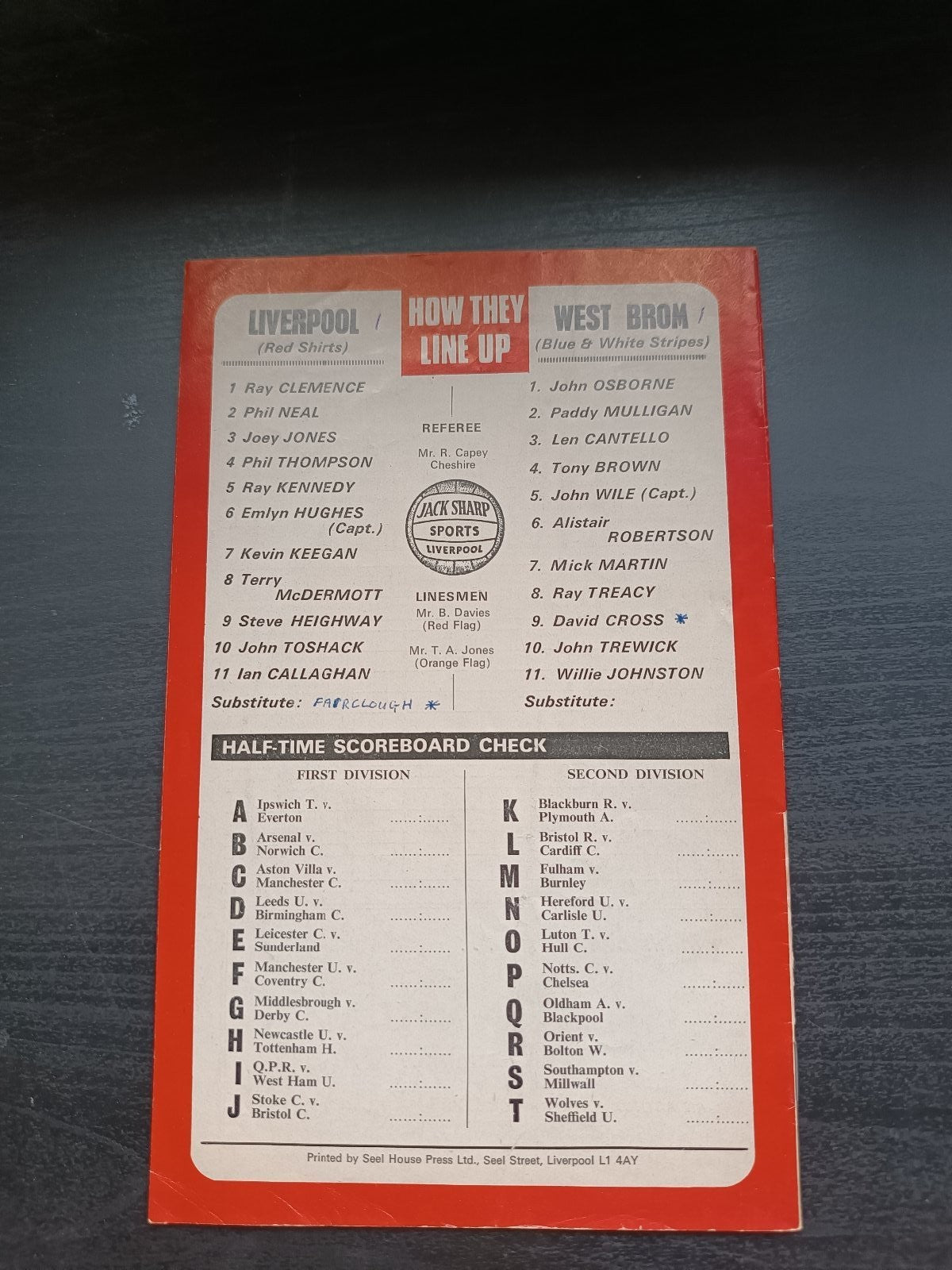 programma calcio Liverpool V West Brom 15th 1977