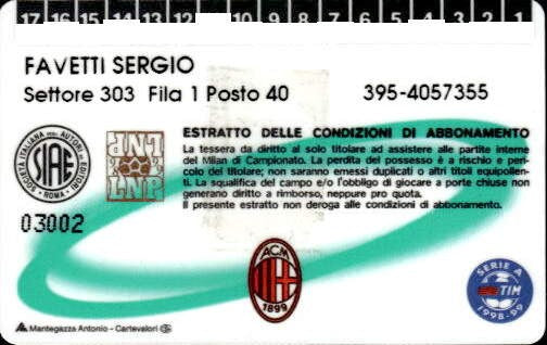 Biglietto stadio Milan A.C 3Verde