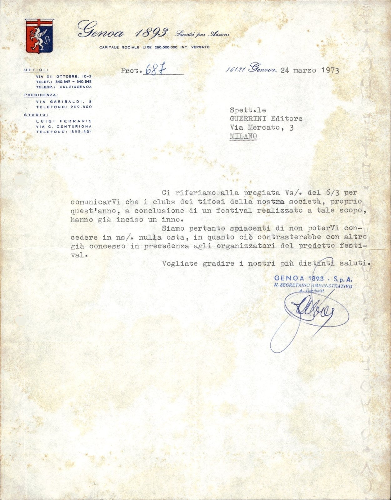 carta intestata societ� sportiva Genoa 1893 1973 02