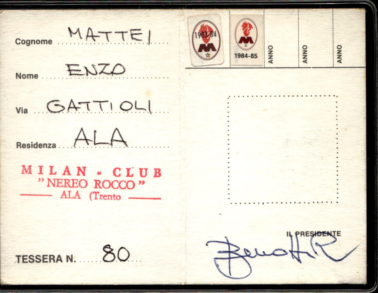 cartolina postcard Calcio Milan Tessera Tifoso 1983/84 - 1984/85 #80 (2)