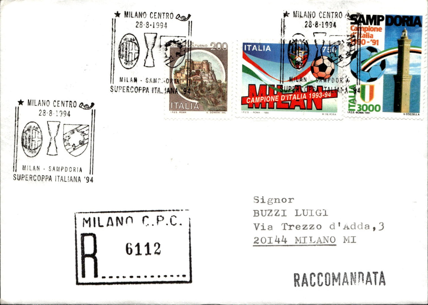 busta per cartolina postcard Calcio Milan Sampdoria Supercoppa Annullo 28-8-1994