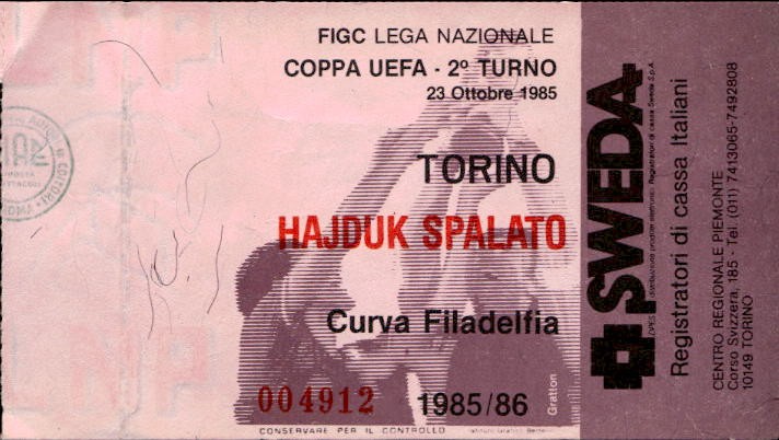 Biglietto stadio Torino-Hajduk Spalato 1985-86 Coppa Uefa 23/10/1985