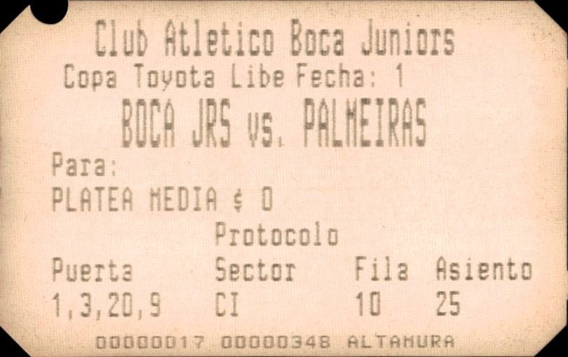 biglietto stadio BOCA JRS VS PALMEIRAS N 348