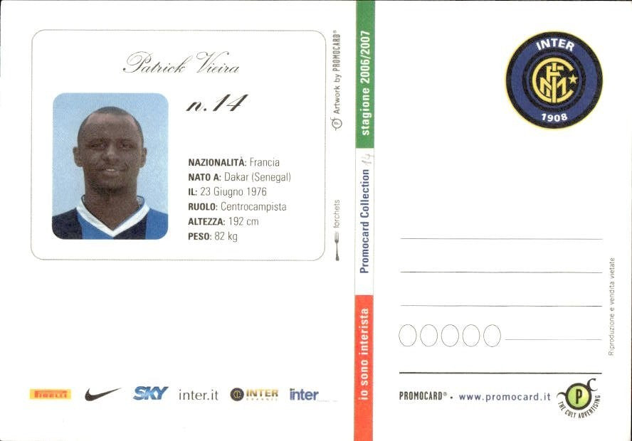 Cartolina calciatore Inter Patrick Vieira con autografo stampato