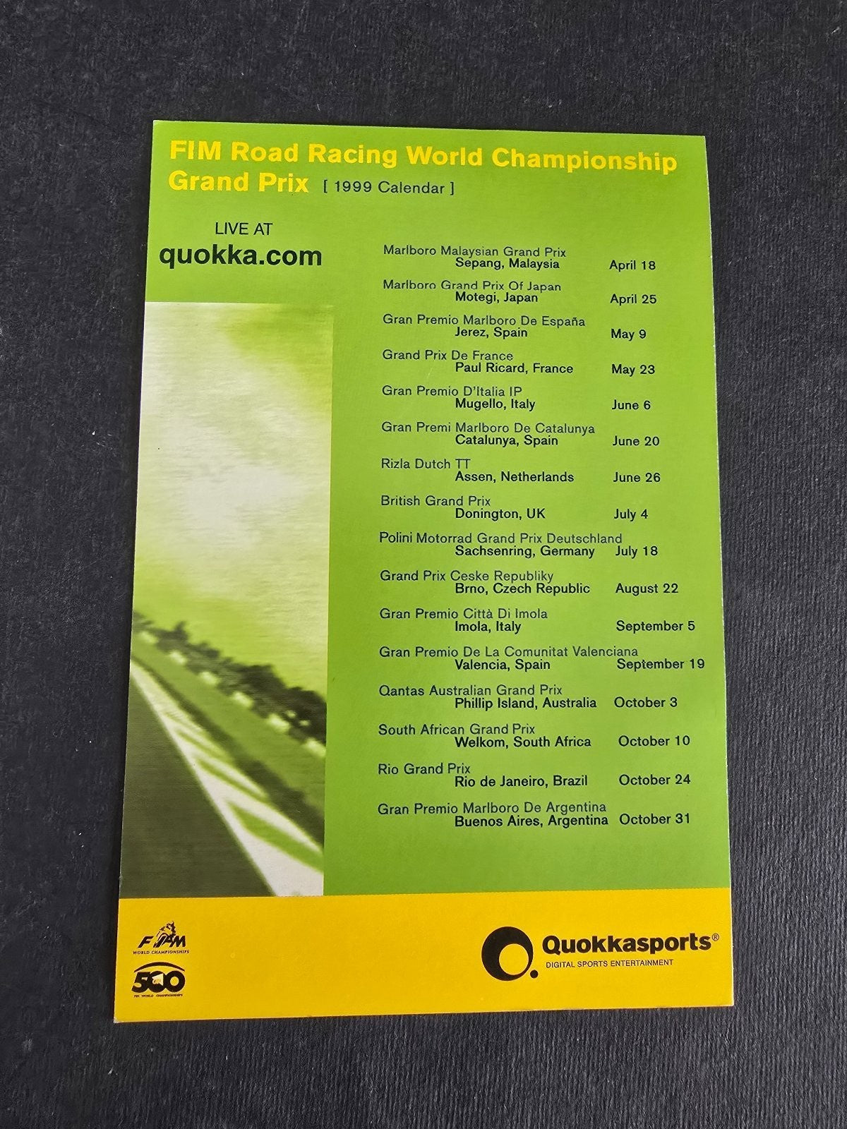 Autografo autograph originale Valentino Rossi su calendario MotoGP 1999