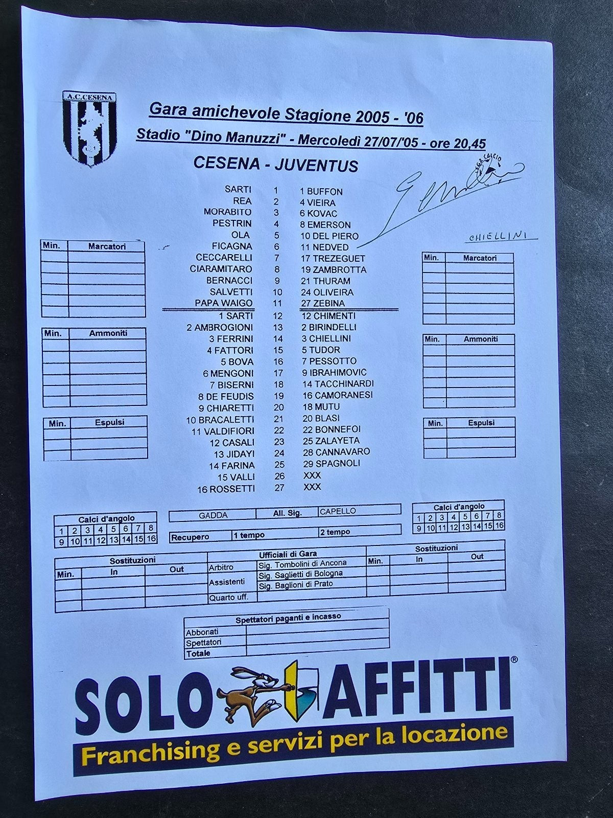 Autografo autograph originale su programma Match Giorgio Chiellini