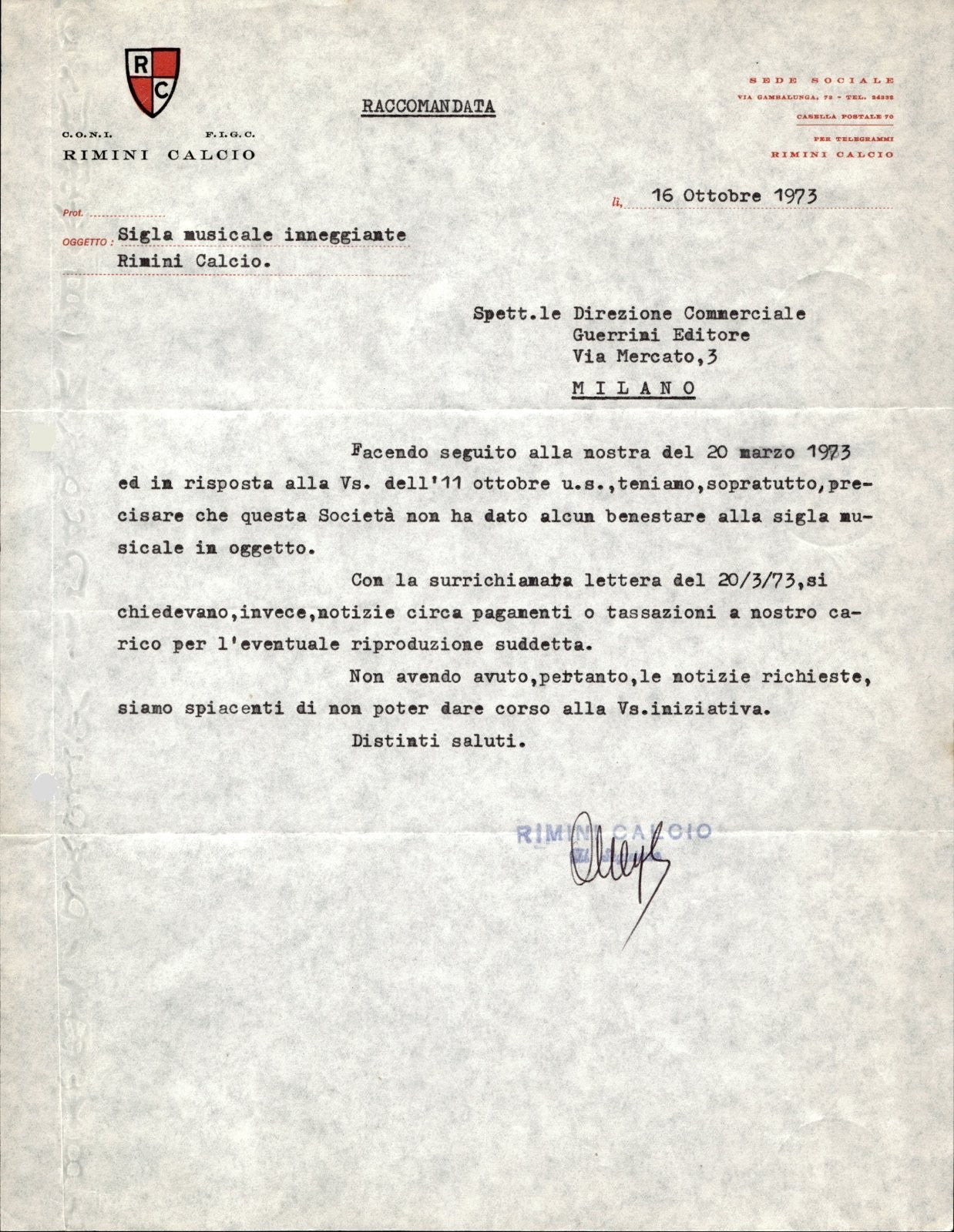 carta intestata societ� sportiva A.S. Roma SpA 1972 02