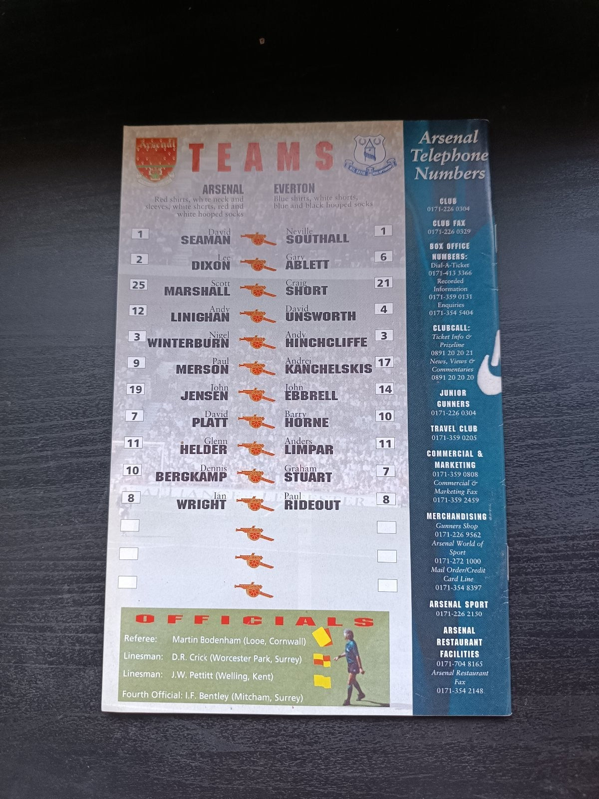programma calcio Arsenal V Everton 20th 1995