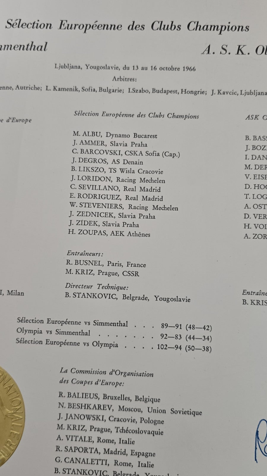 PERGAMENA originale 1966 inviata alla S.P. SIMMENTHAL SuperCoppa basket