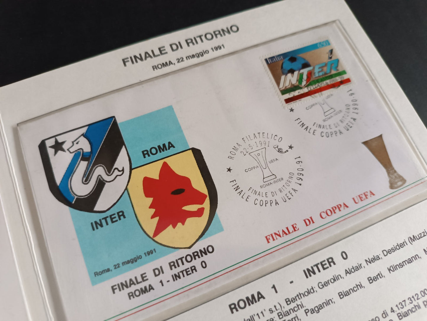 annullo Filatelico INTER-ROMA Campione Uefa 1990-91 INTER
