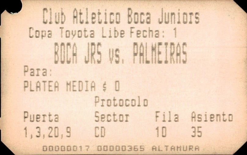 biglietto stadio BOCA JRS VS PALMEIRAS N 365