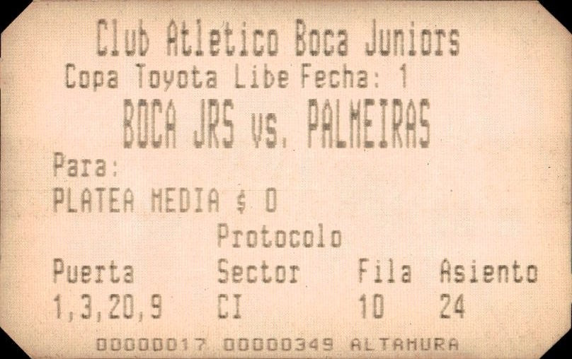 biglietto stadio BOCA JRS VS PALMEIRAS N 349
