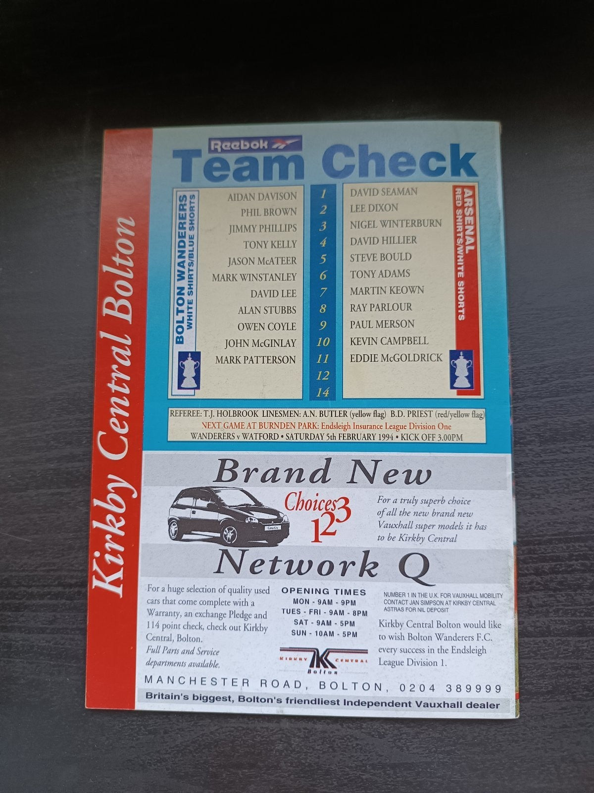 programma calcio Bolton V Arsenal 31st 1994