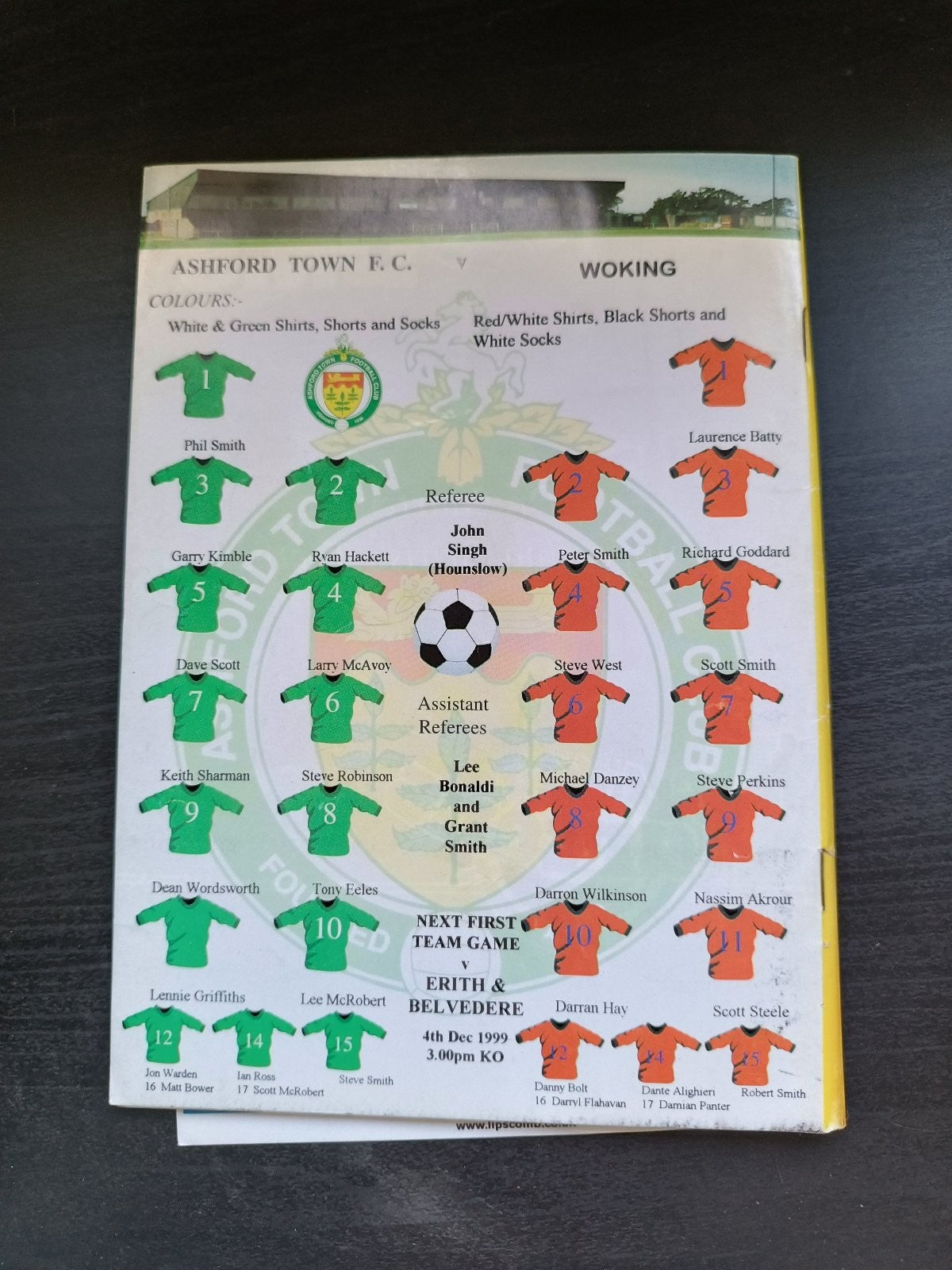 programma calcio Ashford Town V Woking 27th 1999