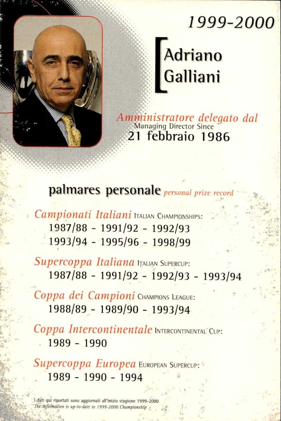 cartolina postcard Milan Calcio 1999/2000 - Galliani