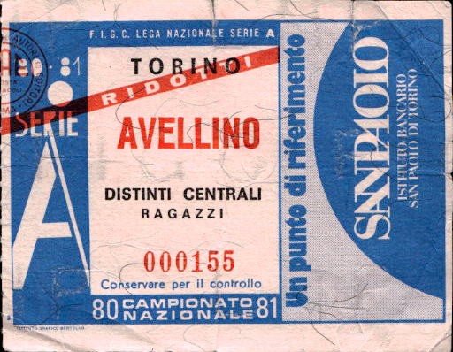 Biglietto stadio Torino-Avellino Campionato Nazionale 80-81