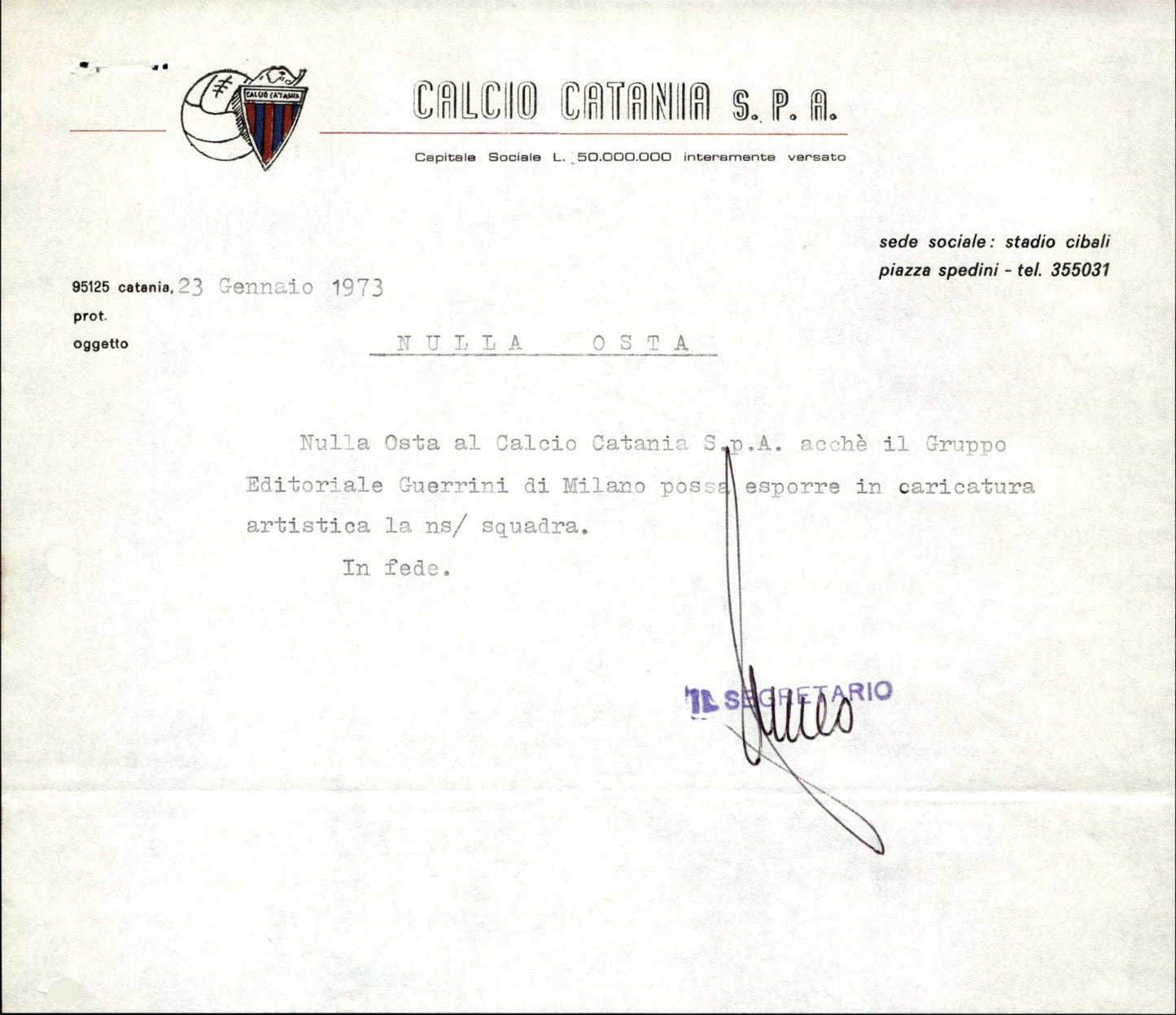 carta intestata societ� sportiva U.S. Catania Spa 1973 05