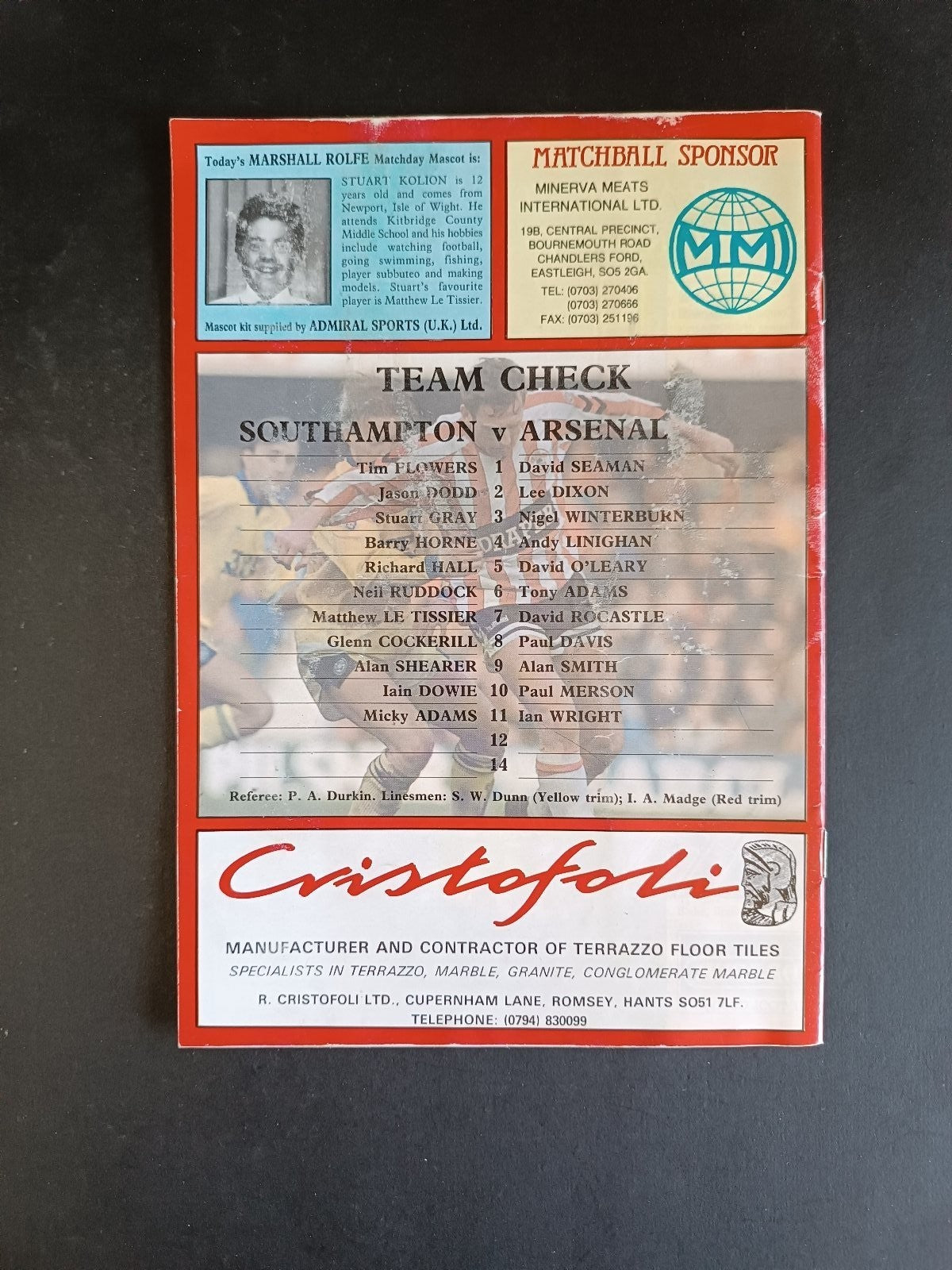 programma calcio Arsenal vs Southampton 1991