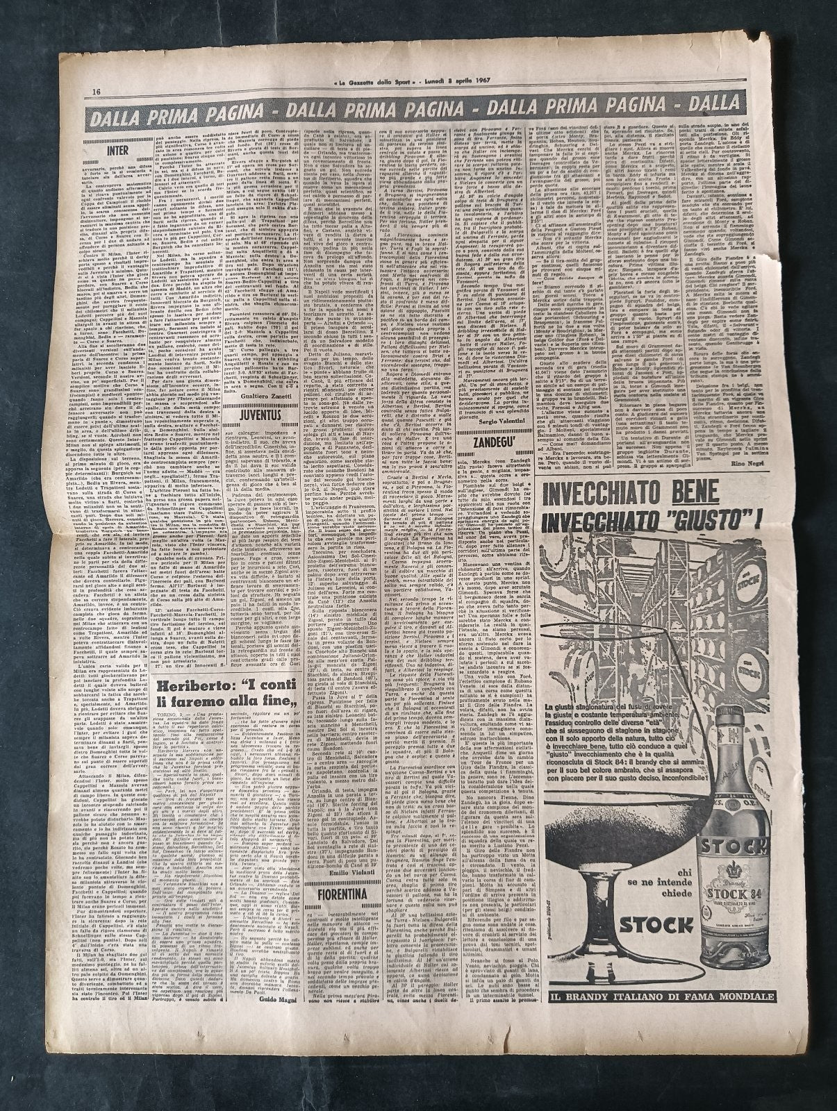 Quotidiano LA GAZZETTA DELLO SPORT n 77 03/04/1967 Zandeg�