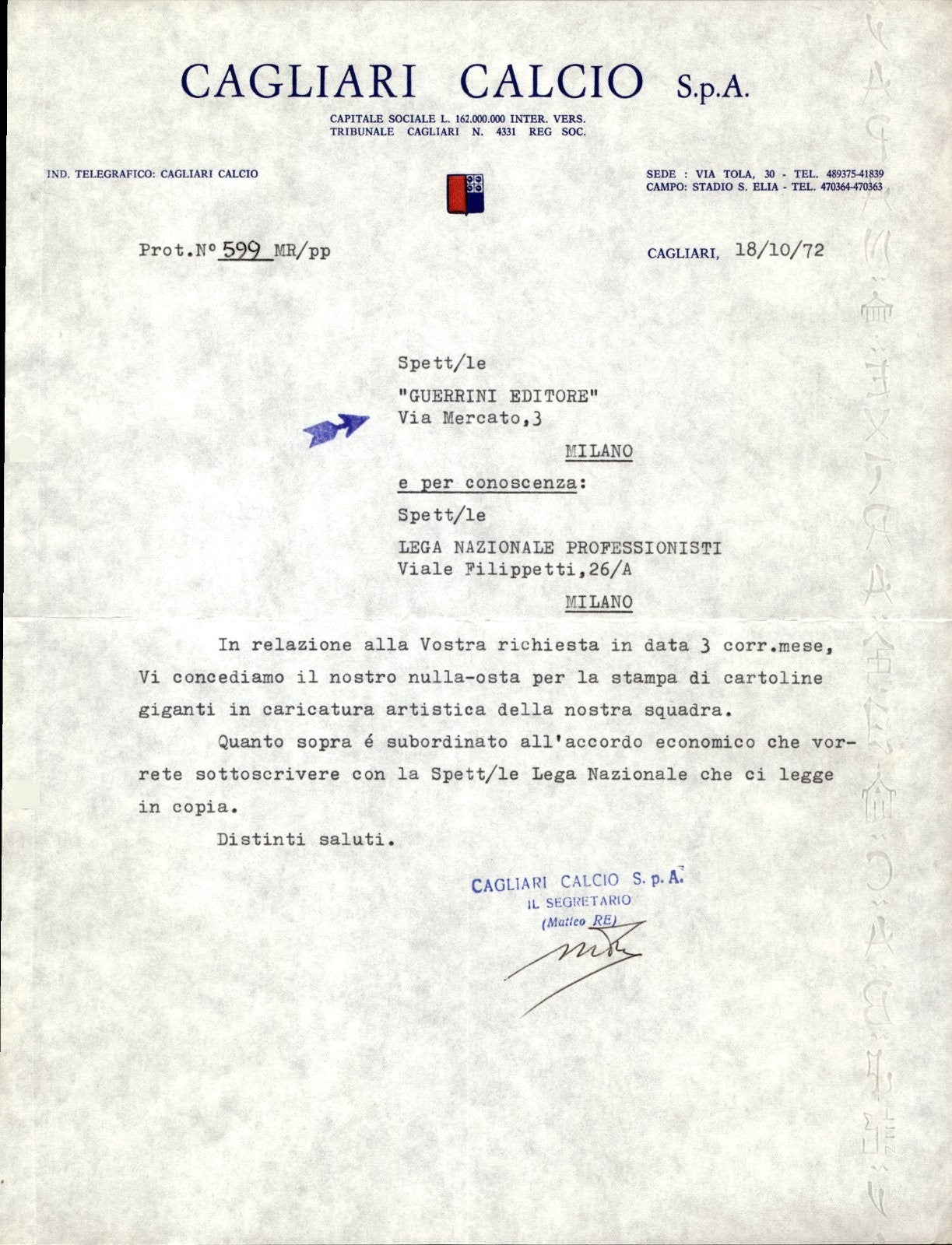 carta intestata societ� sportiva Cagliari Calcio Spa 1973 06