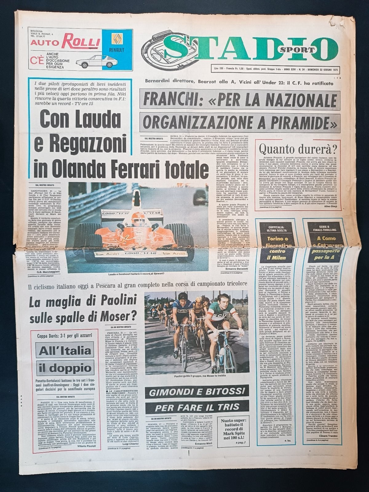 Quotidiano Sportivo STADIO SPORT numero 24 anno 1975 - Lauda