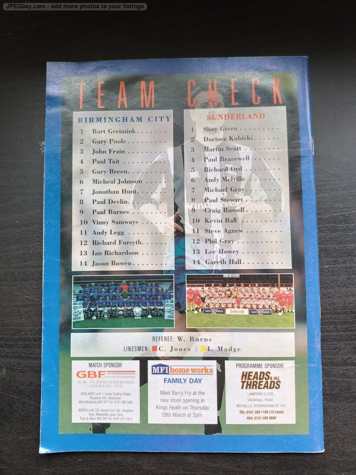 programma calcio Birmingham V Sunderland 17th 1996