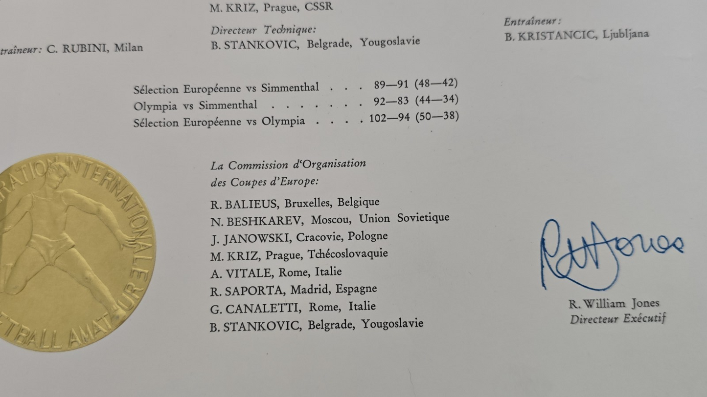 PERGAMENA originale 1966 inviata alla S.P. SIMMENTHAL SuperCoppa basket