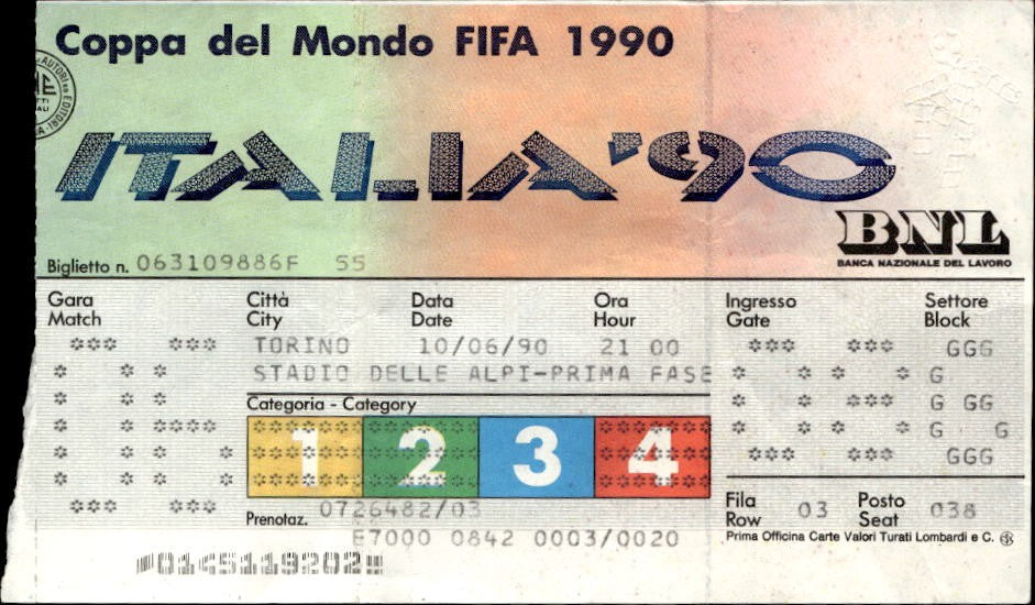 biglietto Ticket Coppa del Mondo Italia '90 Brasile-Svezia Torino 10/06/90(1(2)