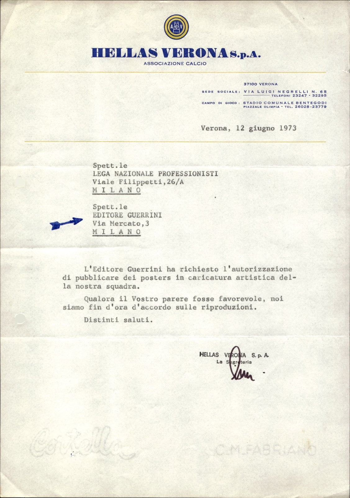 carta intestata societ� sportiva Hellas Verona 1973 01