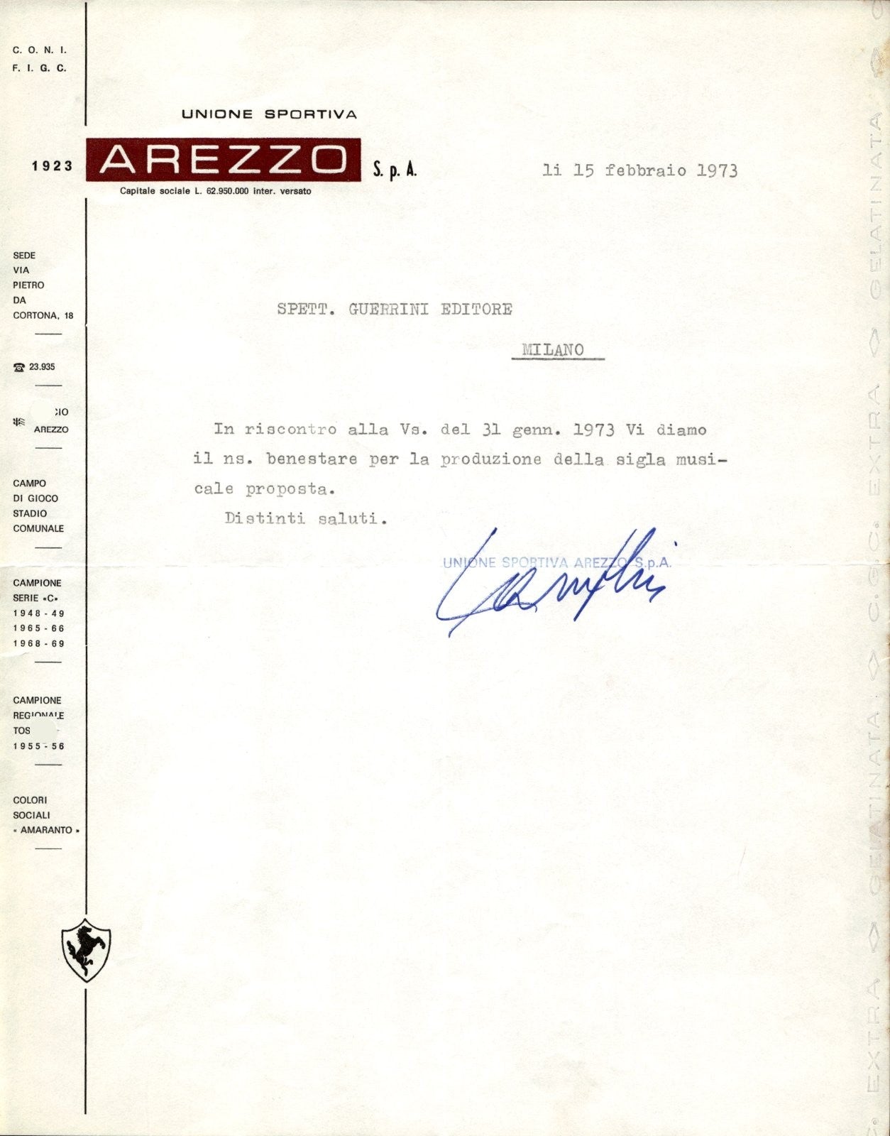 carta intestata societ� sportiva Arezzo Spa 1973 02