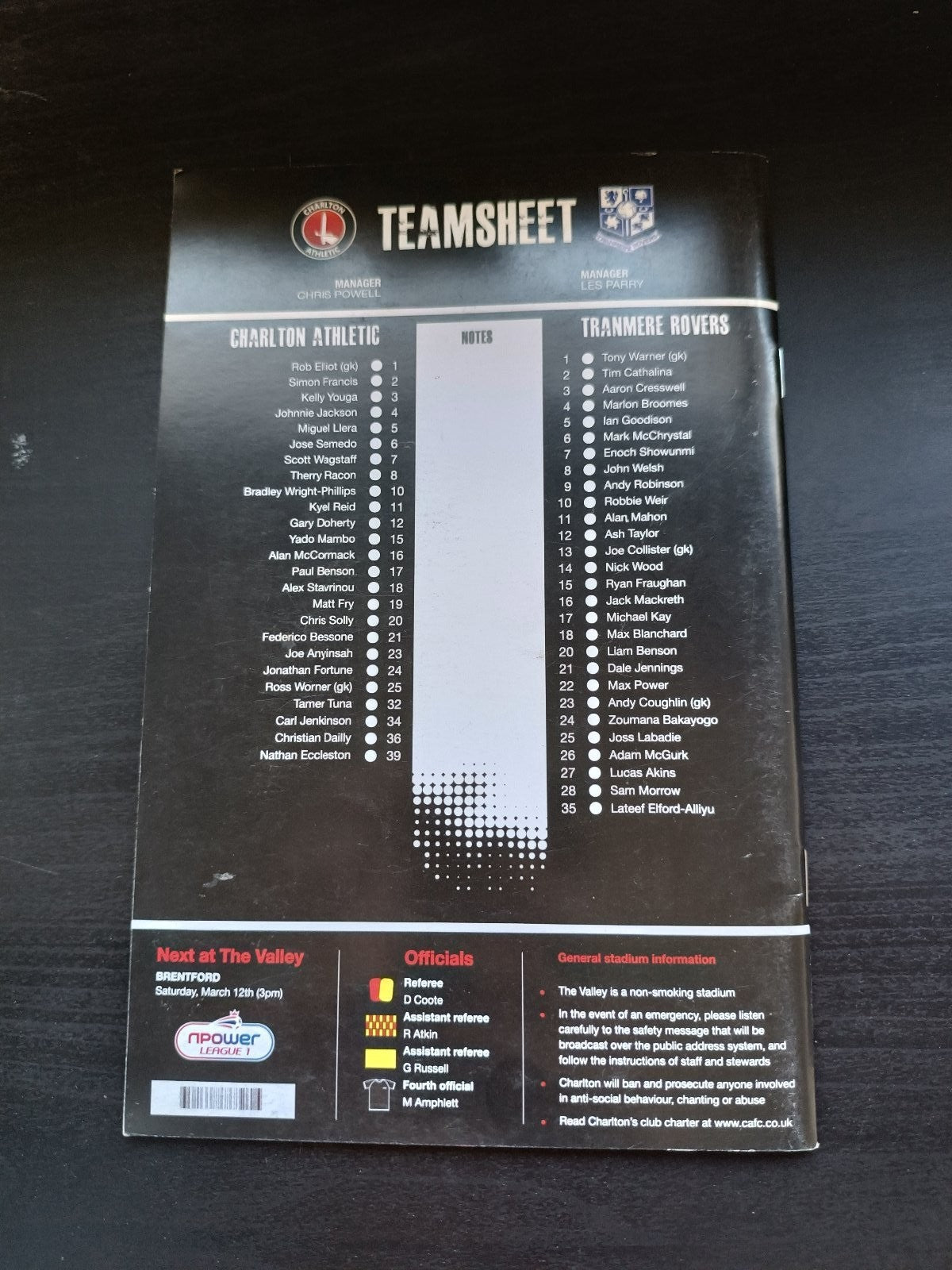 programma calcio Charlton Athetlic V Tranmere Rovers 5th 2011