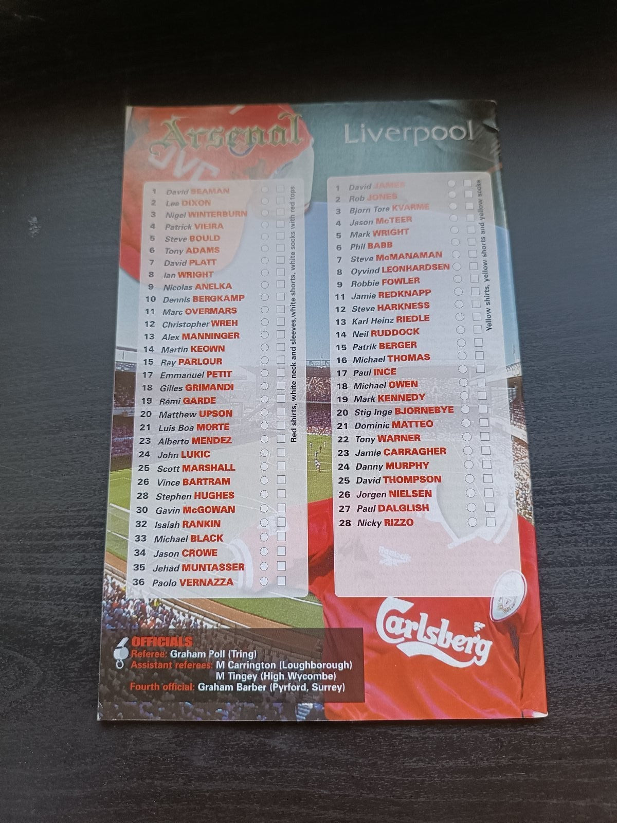 programma calcio Arsenal V Liverpool 30th 1997