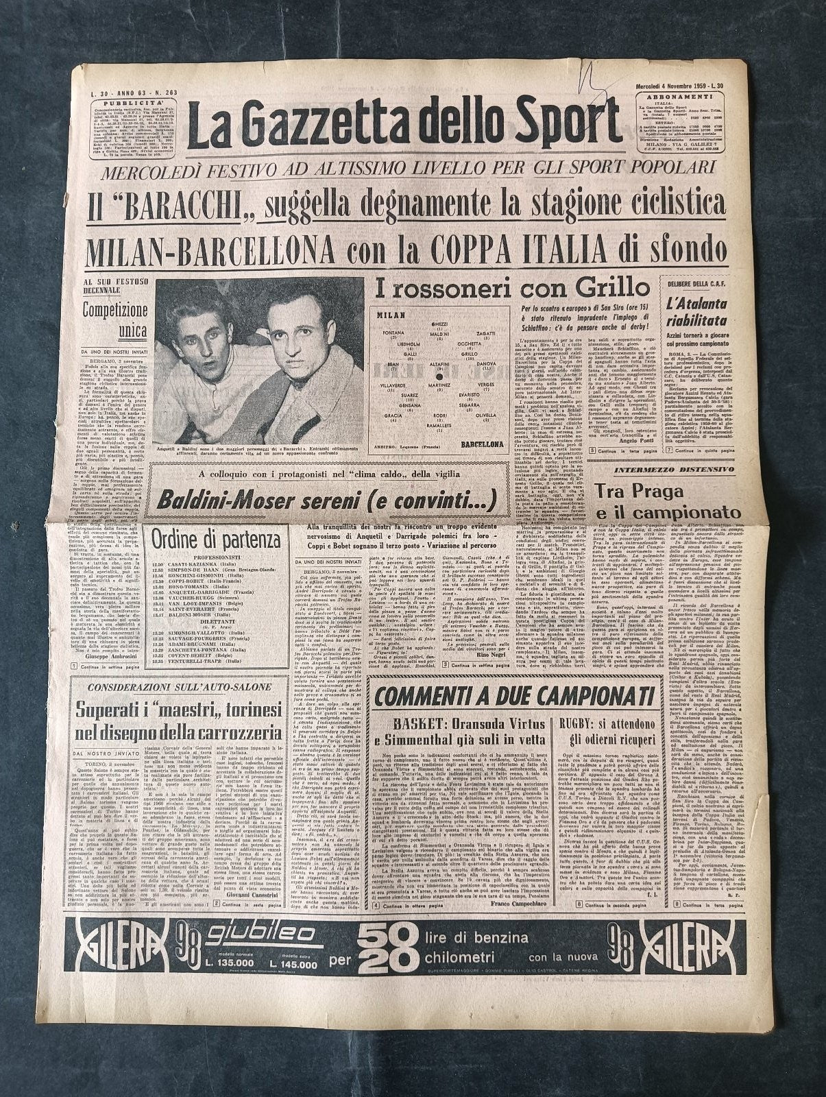Quotidiano LA GAZZETTA DELLO SPORT n 263 04/11/1959 Baldini
