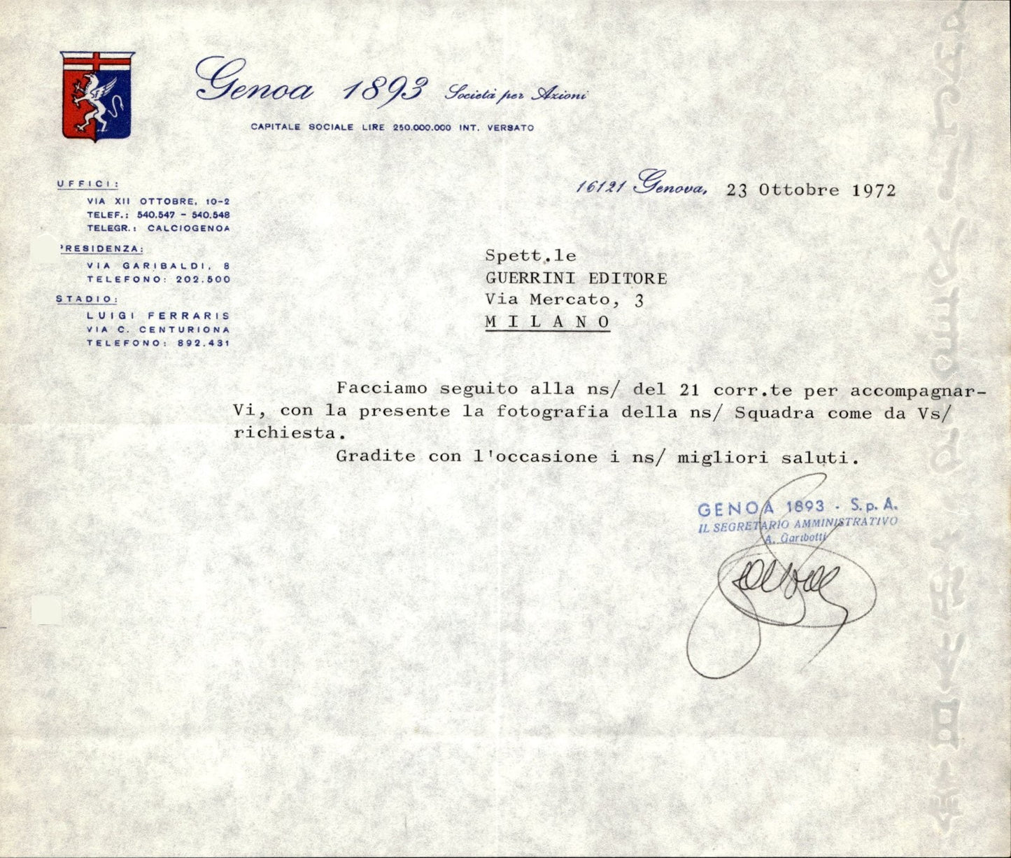 carta intestata societ� sportiva Genoa 1893 1972 01