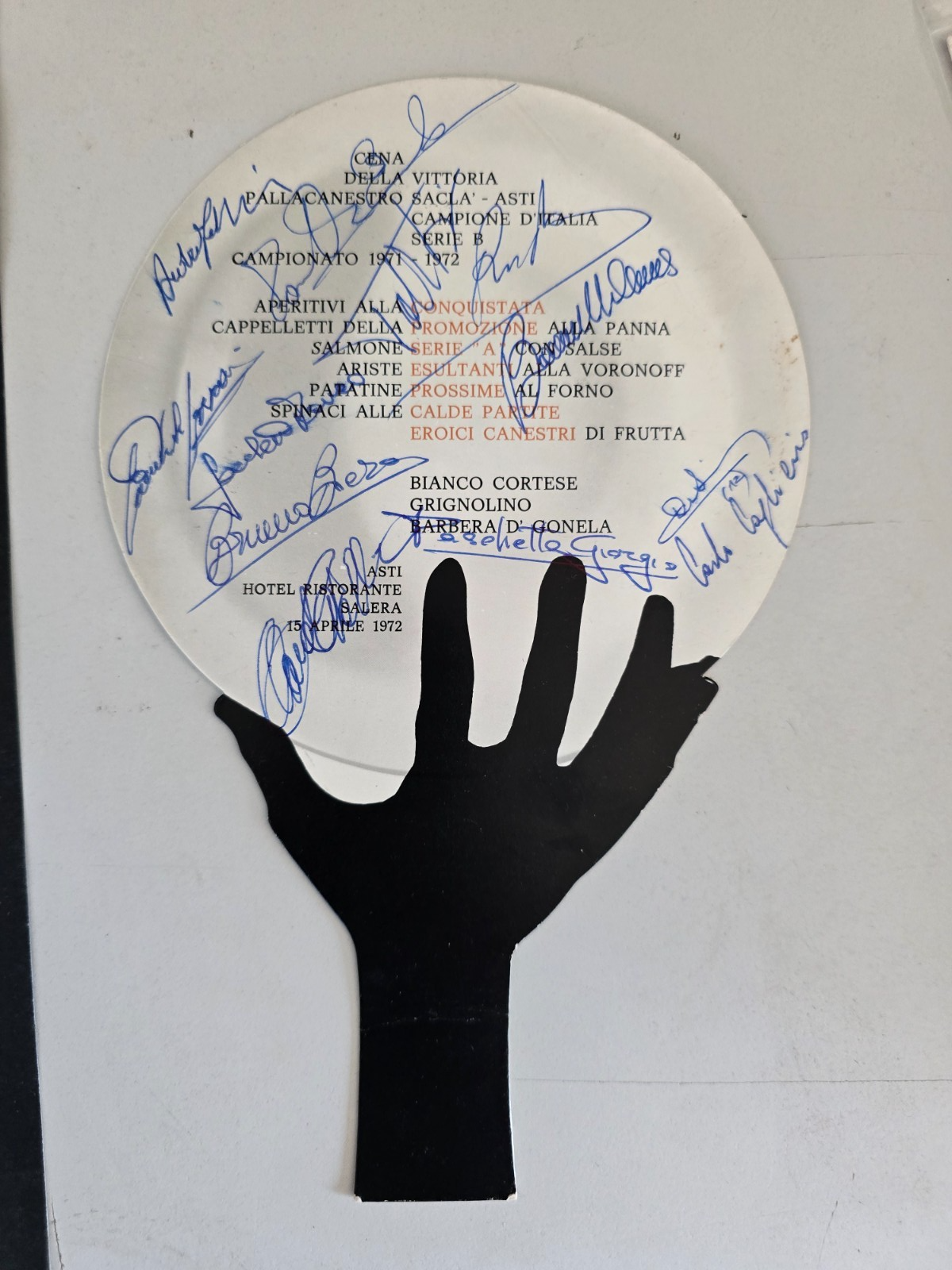 Menu' Cena vittoria Campionato Serie B SACLA' Asti Basket 1971/72 Autografato