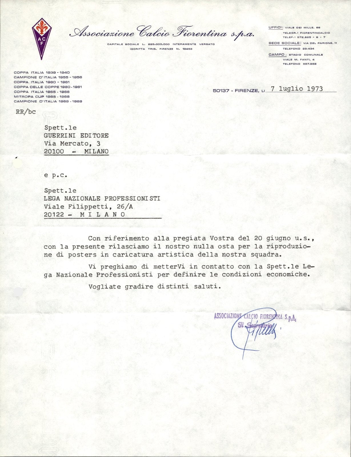 carta intestata societ� sportiva Calcio Fiorentina Spa 1972 02