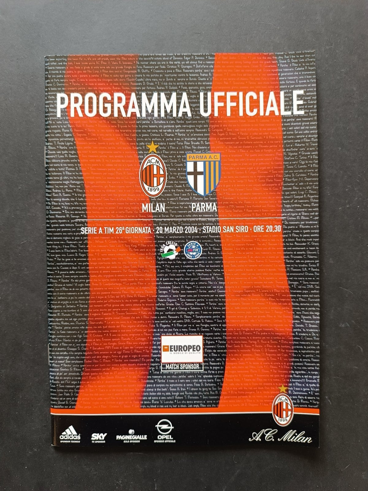 programma Ufficiale MILAN PARMA 20 marzo 2004