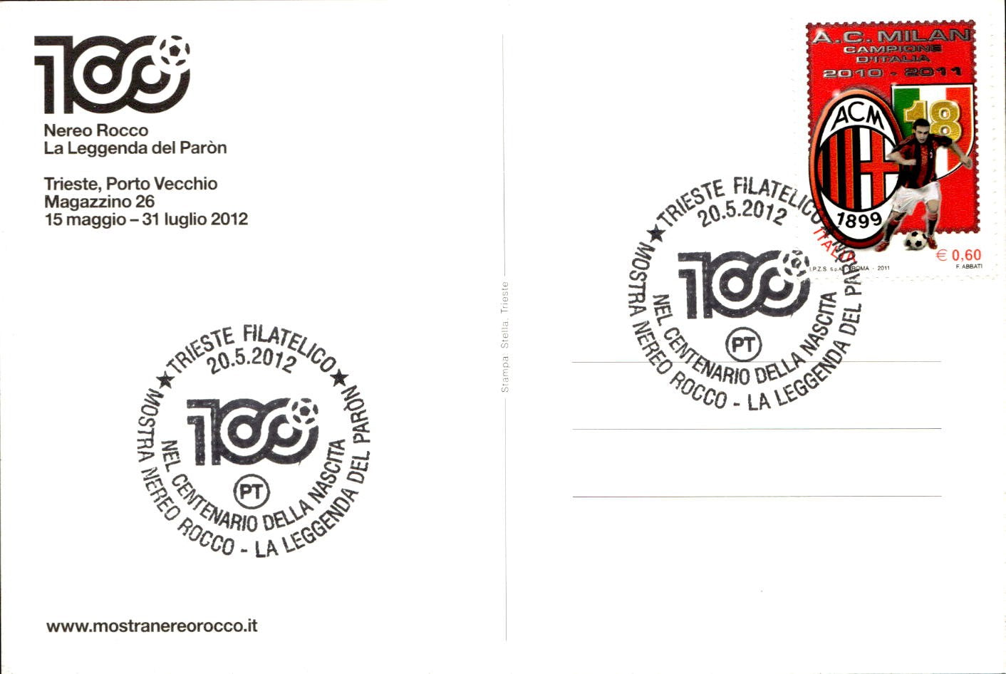 cartolina postcard calcio Milan 100 Nereo Rocco 2012 (2
