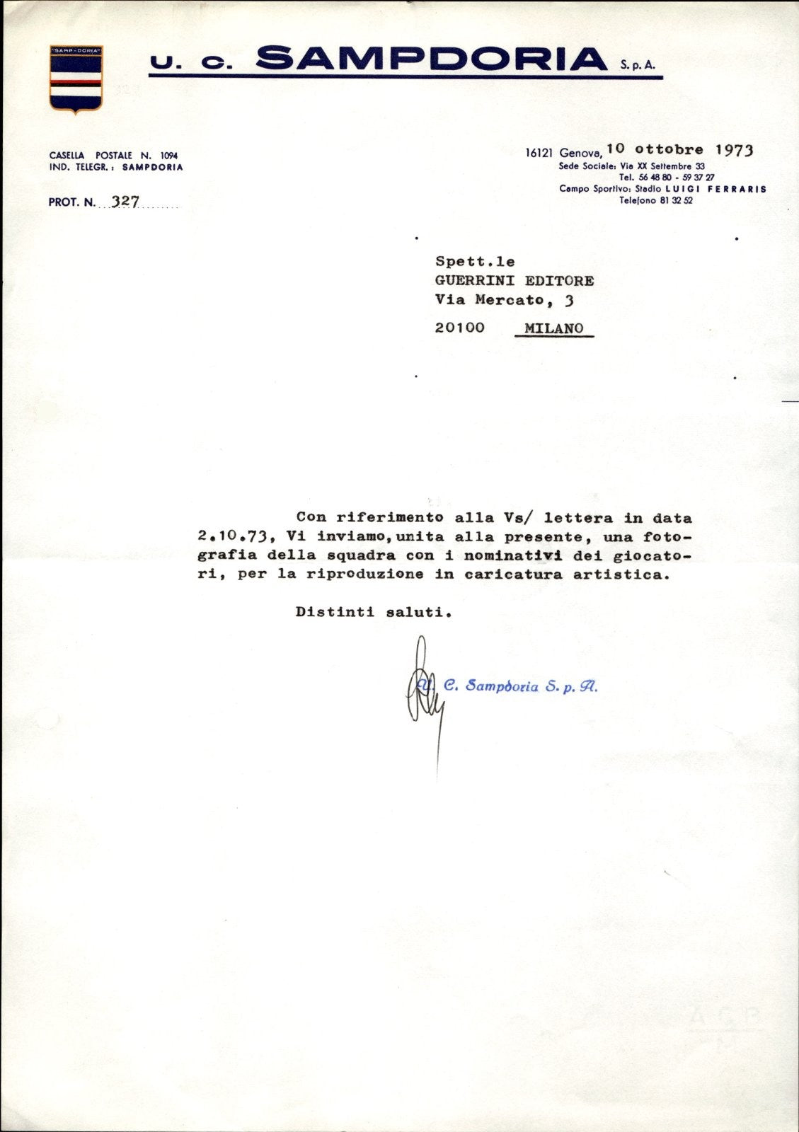 carta intestata societ� sportiva U.C. Sampdoria SPA 1973 02