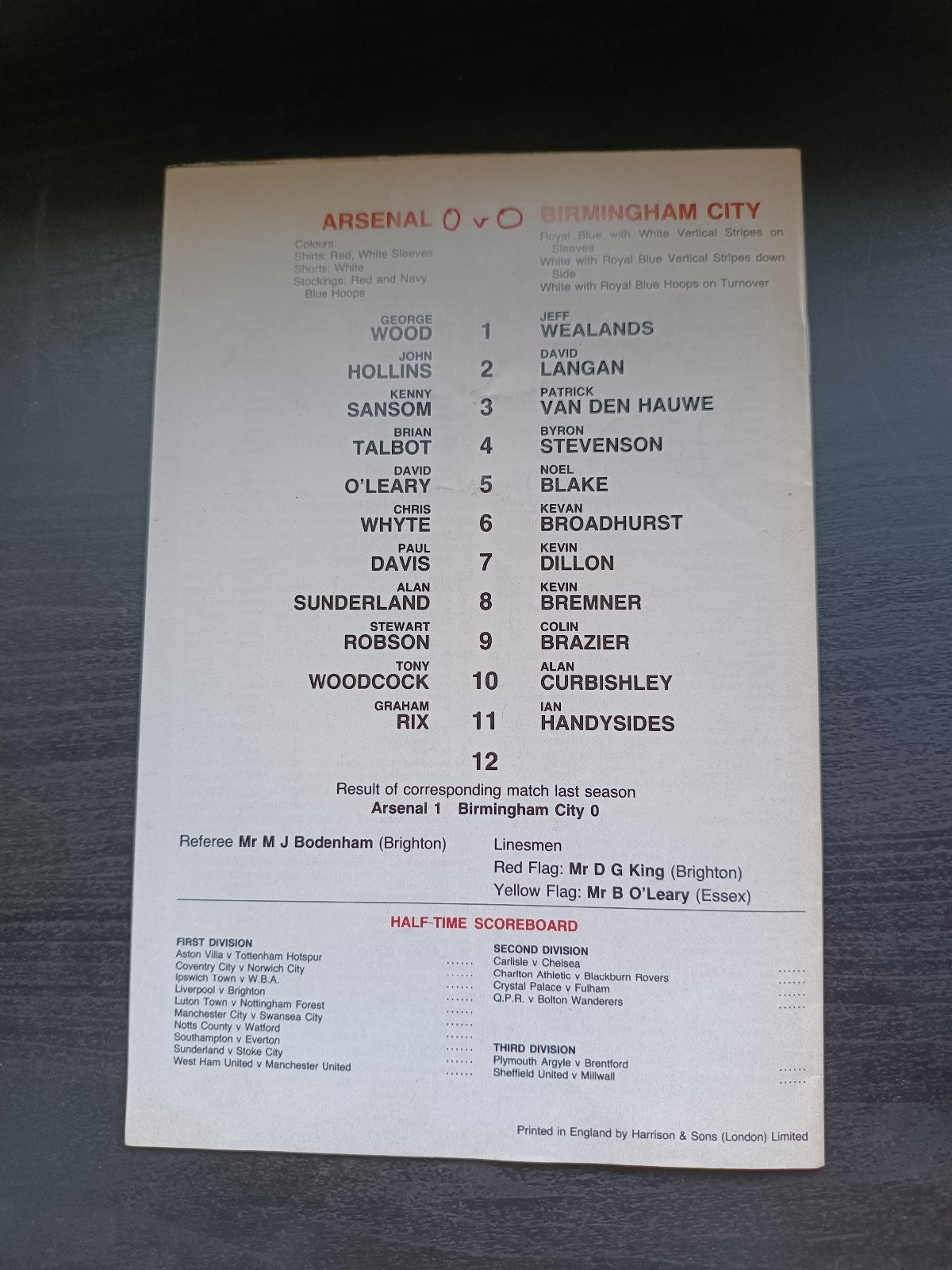 programma calcio Arsenal V Birmingham City 30th 1982