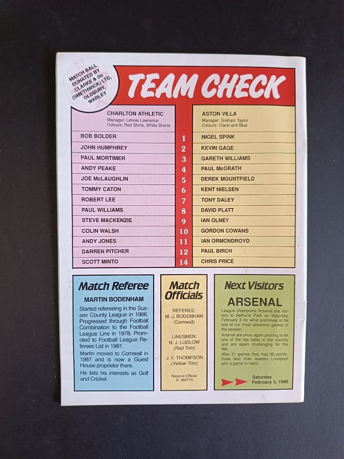 programma calcio Charlton Athletic vs Aston Villa 1990