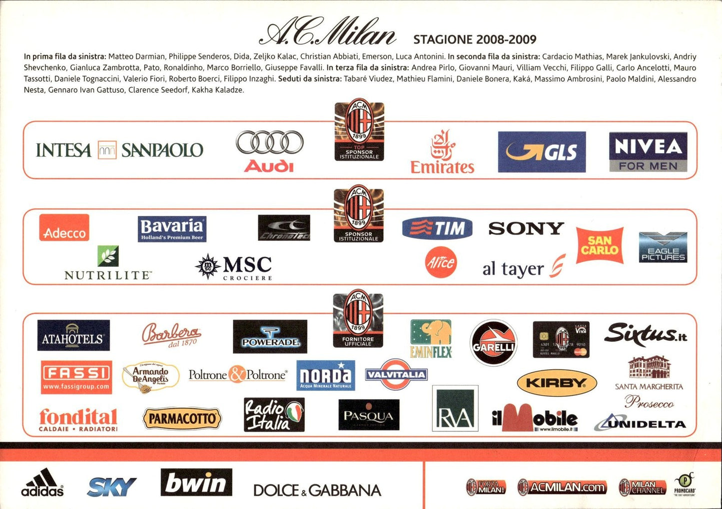 cartolina postcard calcio MILAN 2008-2009